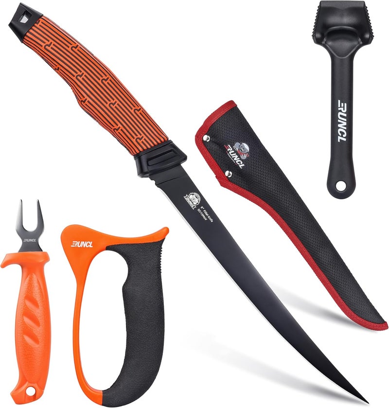 PROBITE RUNCL Fishing Fillet Knife Combo Set, Fishing Tools Kit With 9" Fillet Knife, Fillet Fork, Knife Sharpener and Fish Scaler Remover, 4 Pieces fishing Kit Tool, Perfect for Fresh or Saltwater - Image 1